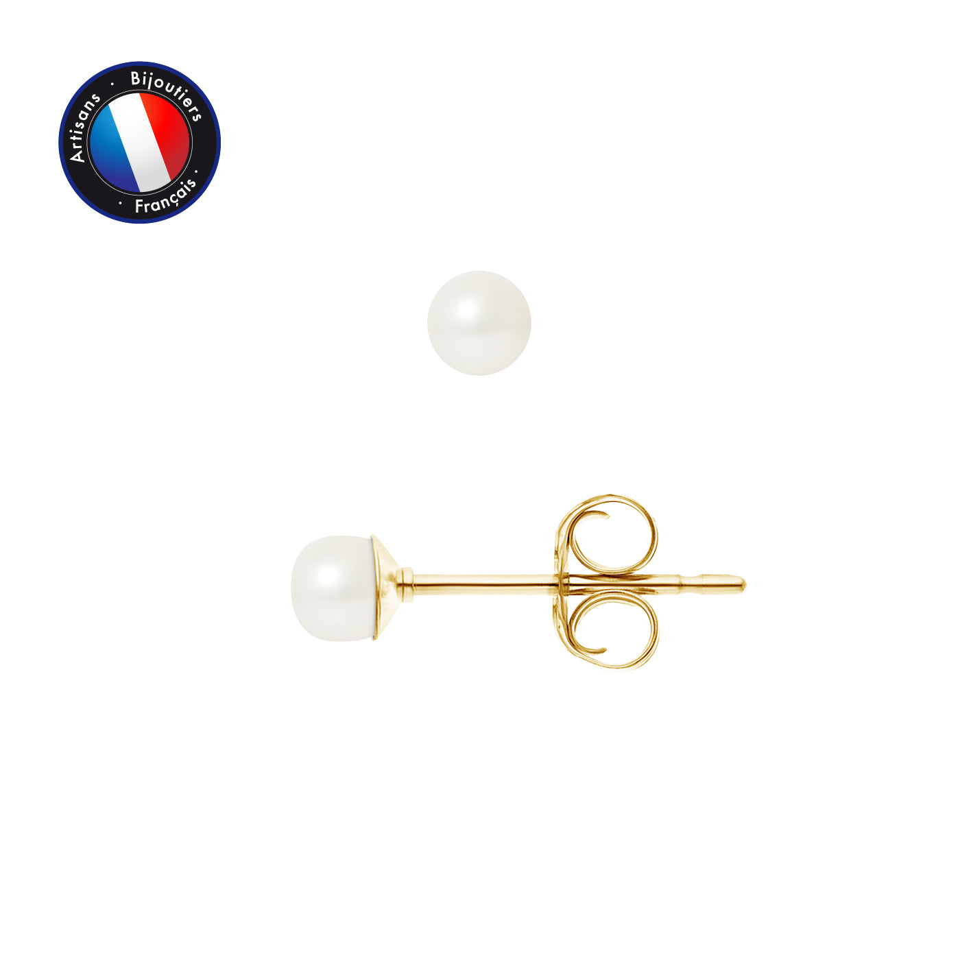 PERLINEA- Boucles d'Oreilles- Perles de Culture d'Eau Douce Bouton 3-4 mm Blanc- Or Jaune 9 Carats- Bijou Femme