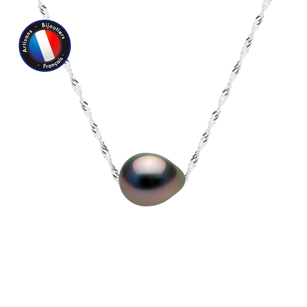 PERLINEA- Collier- Perles de Culture de Tahiti Bouton 8-9 mm- Or Blanc 9 Carats- Bijou Femme