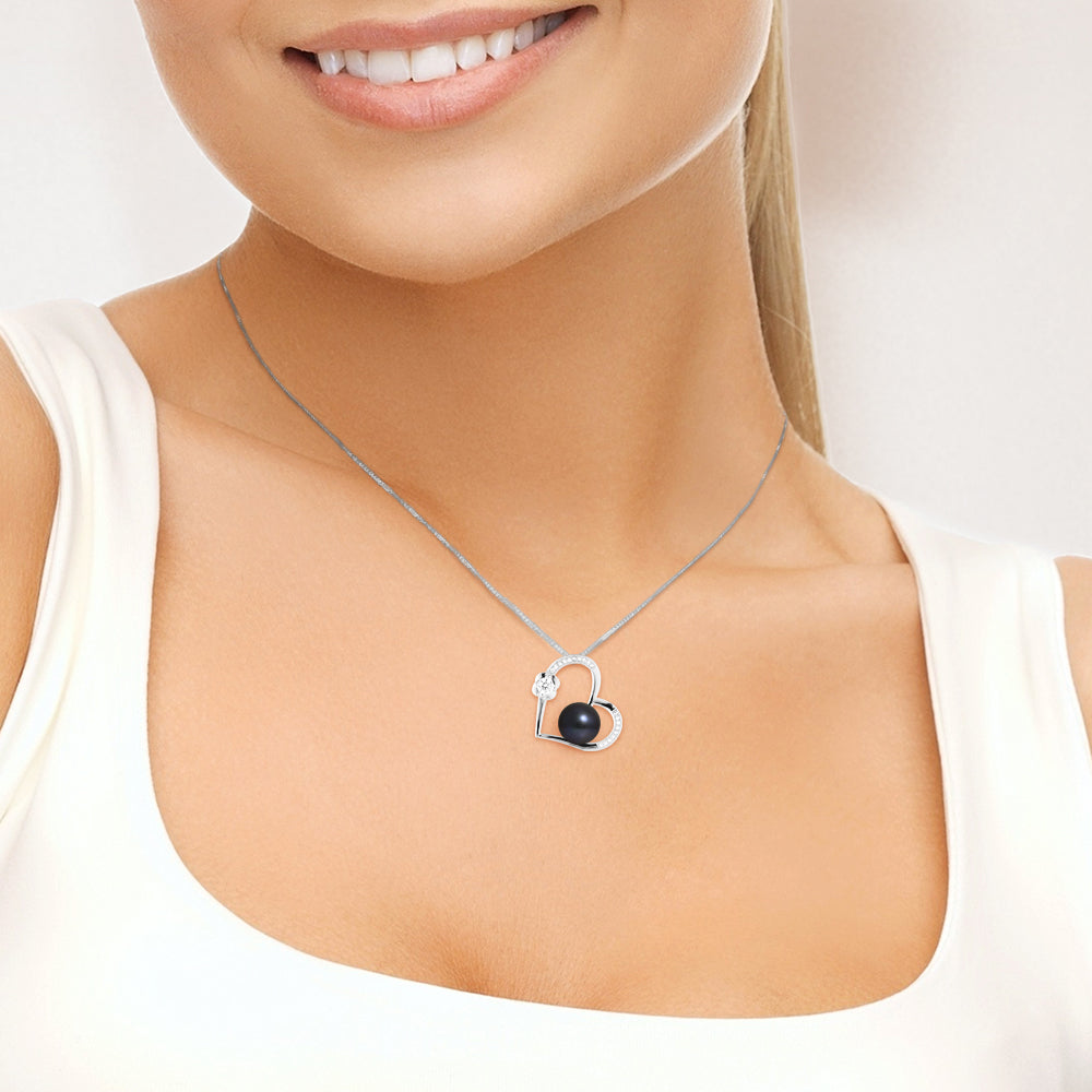 Collier Love Perle de Culture Noire 9-10mm - Argent 925 Rhodié - Bijou Femme Élégant