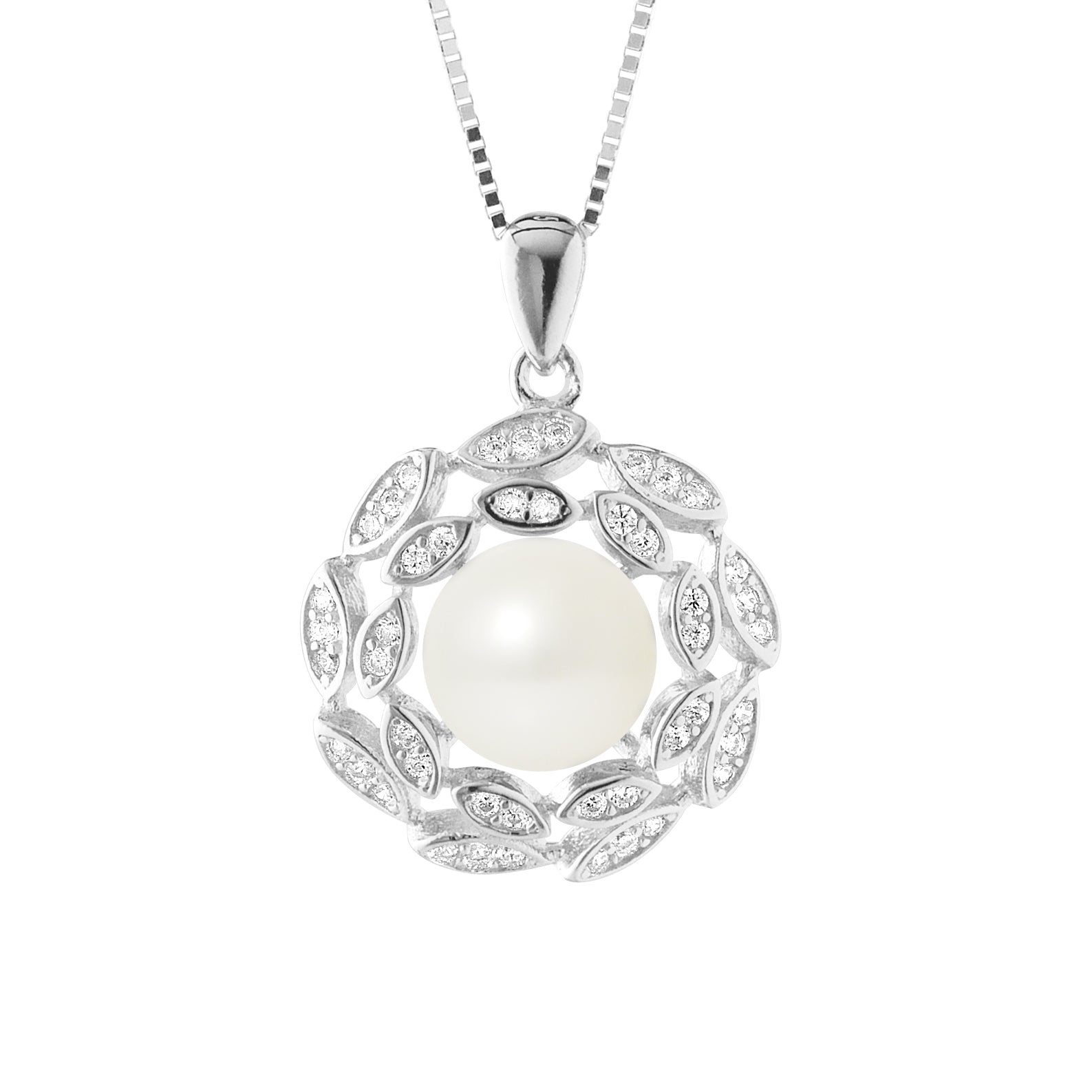 Collier Corolle Perle de Culture Blanche 8-9mm - Argent 925 Rhodié - Bijou Femme Élégant