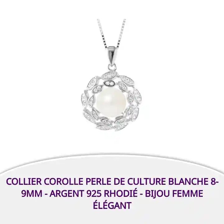 Collier Corolle Perle de Culture Blanche 8-9mm - Argent 925 Rhodi&eacute; - Bijou Femme &Eacute;l&eacute;gant by@Outfy